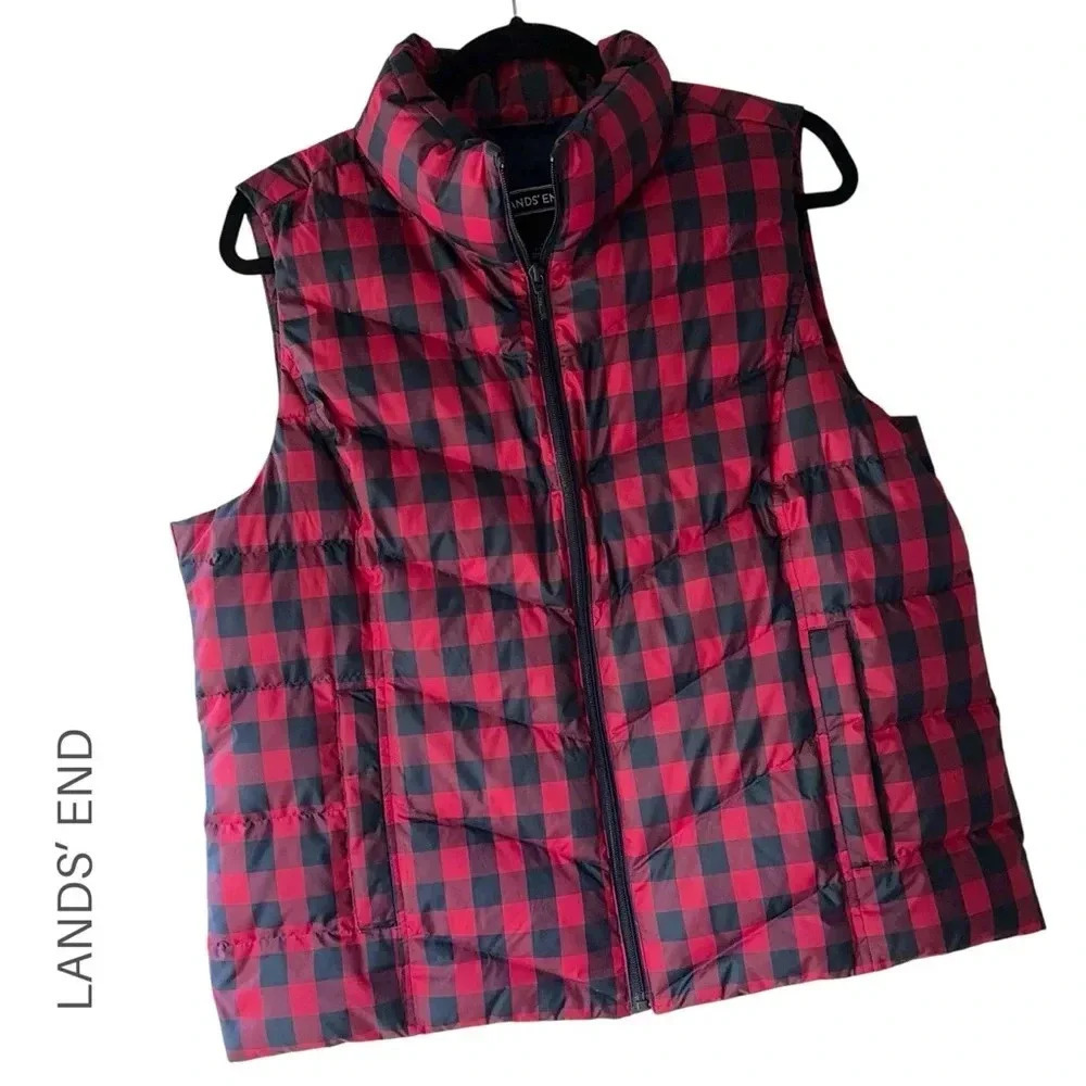 LANDS’ END NWOT DOWN VEST NAVY & RED BUFFALO PLAID POCKETS | SIZE: L / PETITE